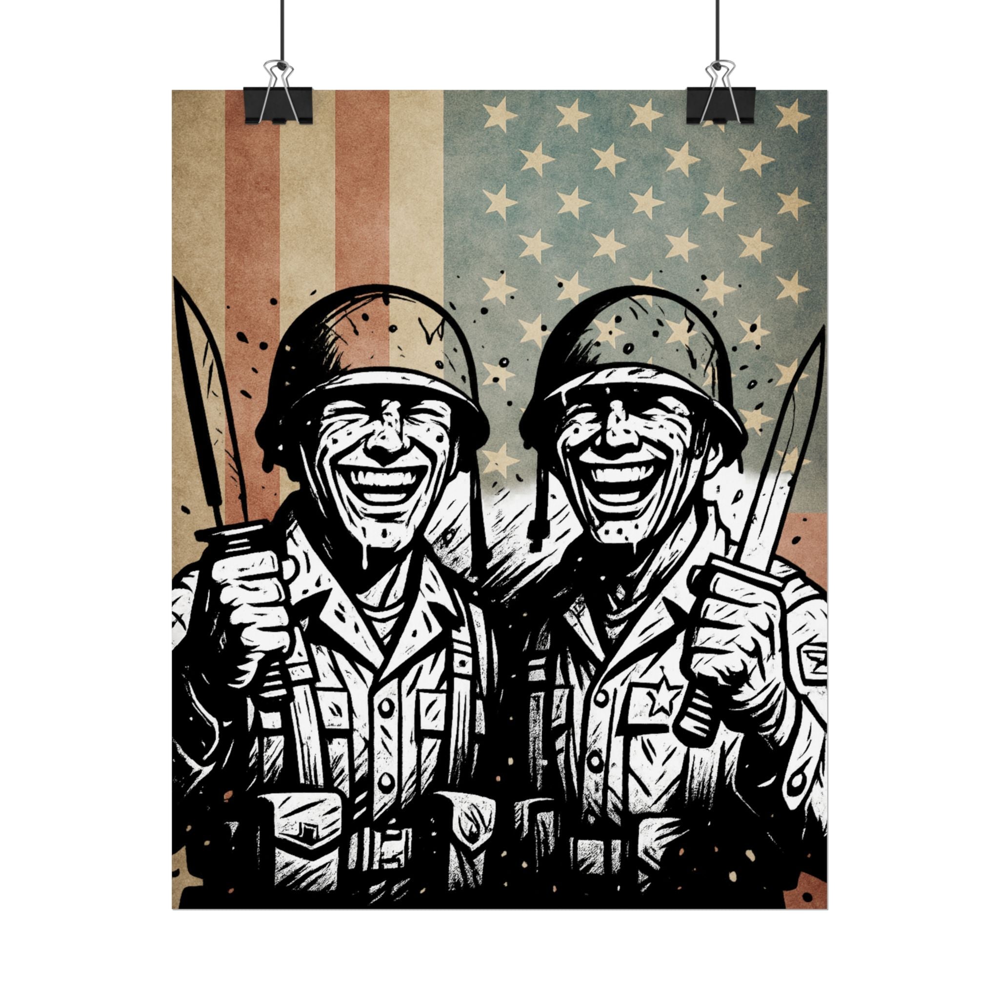 Vintage Military Soldiers Poster – Retro American Flag War Art (Rolled Poster)