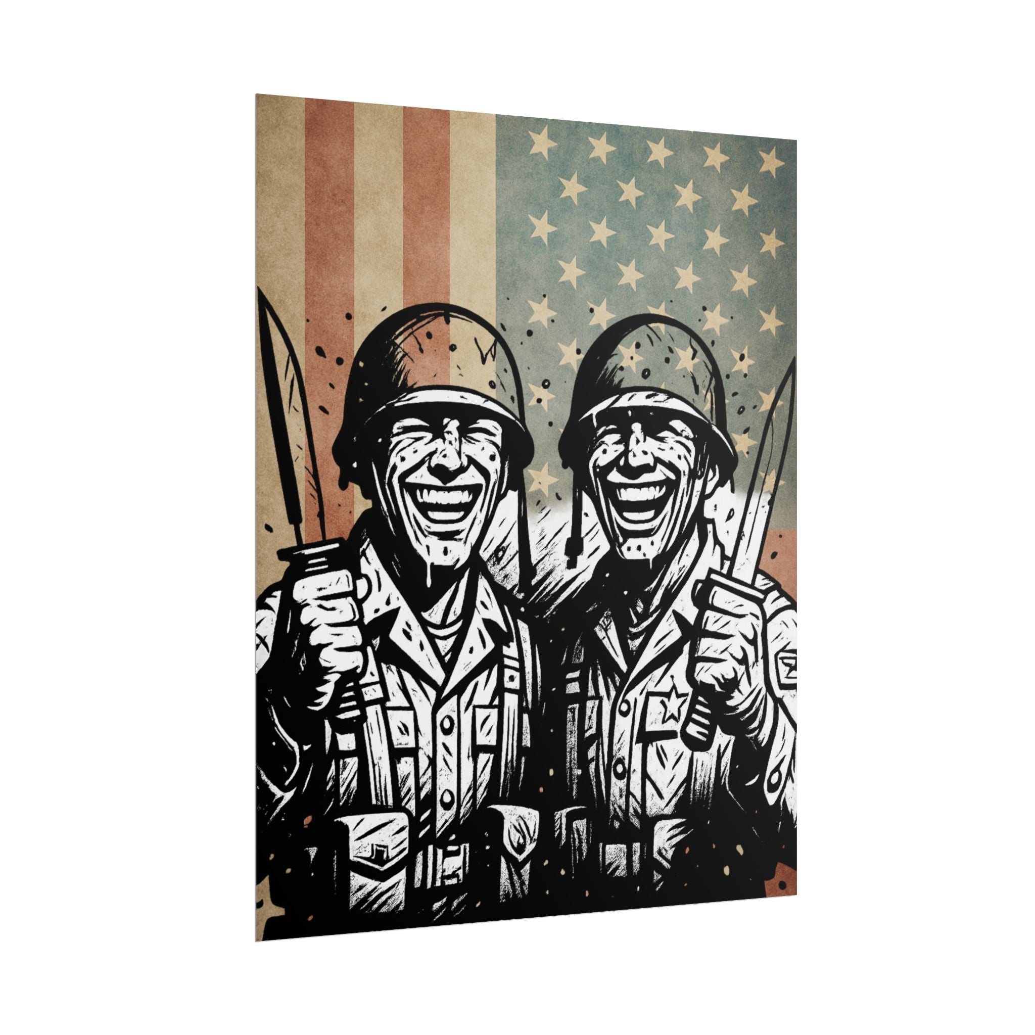 Vintage Military Soldiers Poster – Retro American Flag War Art (Rolled Poster)